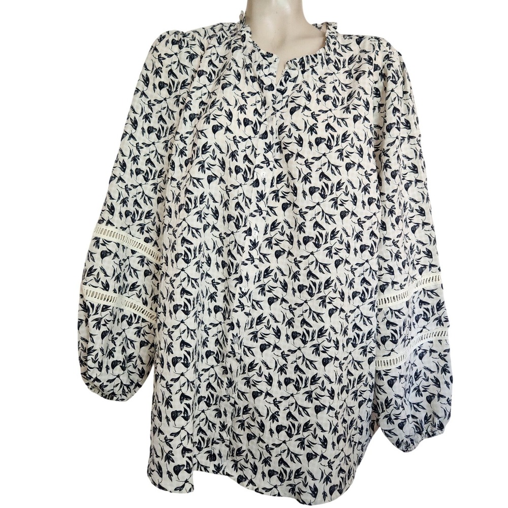 Haver‎ & Blair London Womens 3X Navy White Leaf Print Lace Balloon Sleeve Blouse